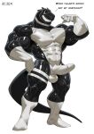 2025 abs absurd_res anthro balls big_balls big_penis black_latex cxcxxcxxxx dialogue dinosaur english_text genitals hi_res latex latex_body latex_creature male multicolored_body muscular muscular_anthro muscular_male penis prehistoric_species reptile scalie sharp_teeth solo standing tail teeth text thick_thighs two_tone_body white_latex