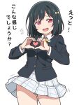  1girl black_hair black_jacket clothes_lift cowboy_shot fang green_panties grey_skirt hands_up heart heart_hands jacket long_sleeves love_live! love_live!_nijigasaki_high_school_idol_club mifune_shioriko mukiryoku_bato nijigasaki_school_uniform open_mouth panties panty_peek pink_eyes pleated_skirt school_uniform short_hair simple_background skirt skirt_lift solo standing sweatdrop translation_request underwear white_background 