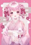  1girl azarashi6 blunt_bangs blush bow braid braided_twintails commentary earrings egasumi food frilled_kimono frills fruit gem-studded_nails hair_bow hair_intakes heart heart-shaped_pupils highres holding holding_stuffed_toy indie_virtual_youtuber itsuki_arisa japanese_clothes jewelry kimono lace-trimmed_kimono lace_trim looking_at_viewer multiple_hair_bows nail_art obi pearl_hair_ornament pink_background pink_bow pink_eyes pink_hair pink_kimono pink_nails rope_braid sample_watermark sash sidelocks solo strawberry stuffed_animal stuffed_rabbit stuffed_toy symbol-only_commentary symbol-shaped_pupils twintails upper_body virtual_youtuber watermark wavy_hair 