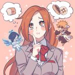  1girl 2boys :t angel_and_devil bleach blush_stickers bread commentary dwbidu food highres inoue_orihime ishida_uryuu karakura_high_school_uniform kurosaki_ichigo long_hair multiple_boys orange_eyes orange_hair school_uniform speech_bubble thought_bubble 
