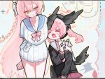  &gt;_&lt; 2girls ahoge black_hat black_serafuku black_wings blue_archive blue_sailor_collar blush bow feathered_wings finger_under_clothes green_eyes halo hanako_(blue_archive) hat head_wings height_difference koharu_(blue_archive) long_hair long_sleeves low_wings multiple_girls nagakiras2 neckerchief pink_hair pink_halo pink_neckerchief pink_skirt pleated_skirt sailor_collar school_uniform serafuku shirt skirt smile sweat twintails white_bow white_sailor_collar winged_halo wings 