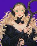  1girl alt_text ambrosia_(dungeon_meshi) bare_shoulders black_dress black_hood blonde_hair blush breasts cleavage colored_eyelashes commentary detached_hood detached_sleeves dress dungeon_meshi fur-trimmed_sleeves fur_trim green_eyes hair_between_eyes highres holding holding_staff long_hair long_sleeves looking_at_viewer mage_staff marcille_donato marcille_donato_(lord) purple_background sasakura34 simple_background sleeves_past_wrists smile solo spoilers staff strapless strapless_dress symbol-shaped_pupils tearing_up teeth upper_body upper_teeth_only wide-eyed 