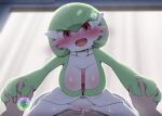  1boy 1girl backlighting blush bob_cut breasts collarbone colored_skin dagasi gardevoir girl_on_top green_hair green_skin hetero highres holding_hands indoors interlocked_fingers interspecies large_breasts looking_at_viewer multicolored_skin open_mouth pokemon pokemon_(creature) pokephilia pov red_eyes saliva sex short_hair smile solo_focus straddling two-tone_skin vaginal white_skin 