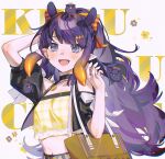  1girl :d absurdres alternate_costume alternate_hairstyle ani_019 bag belt black_choker blue_eyes blunt_bangs bow choker commentary crop_top english_commentary gradient_hair hair_bow hair_ornament hand_up handbag highres hololive hololive_english jewelry long_hair multicolored_hair navel_peek necklace ninomae_ina&#039;nis orange_bow plaid_clothes plaid_shirt pointy_ears ponytail purple_hair shirt smile solo takodachi_(ninomae_ina&#039;nis) teeth tentacle_hair text_background upper_body upper_teeth_only virtual_youtuber white_background yellow_shirt 