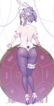  1girl absurdres ahoge animal_ears ass backboob breasts cloba commentary detached_collar fake_animal_ears frilled_leotard frills from_behind full_body goddess_of_victory:_nikke hairband high_heels highres leotard liberalio_(nikke) looking_back pantyhose poker_chip purple_hair purple_pantyhose purple_shoes rabbit_ears shoes shoulder_blades sidelocks small_breasts solo standing strapless strapless_leotard thigh_gap white_hairband white_leotard wrist_cuffs zipper_pull_tab 