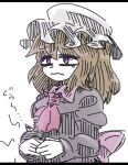  1girl ascot blonde_hair bow dress hair_between_eyes hat long_sleeves maribel_hearn medium_hair mob_cap puffy_long_sleeves puffy_sleeves purple_dress purple_eyes sash simple_background solo stomach_growling suenari_(peace) touhou unhappy white_background white_hat 