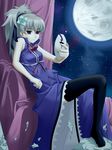  bare_shoulders black_legwear darker_than_black dress full_moon hair_ornament mask moon night night_sky ponytail purple_eyes renk0n ribbon silver_hair sitting sky solo thighhighs yin 