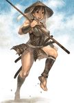  azuma_tou breasts hat jingasa large_breasts muscle muscular_female original polearm running sandals short_hair solo weapon 
