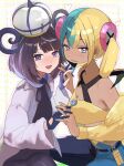  2girls aqua_hair bandeau black_dress black_hair black_mask blonde_hair blue_eyes blue_gloves blunt_bangs blush bob_cut breasts canari_(pokemon) cleavage closed_mouth coat commentary criss-cross_straps dark-skinned_female dark_skin dress gloves gradient_hair gwynn_(pokemon) hat heart highres jacket long_sleeves looking_at_viewer mask mask_pull medium_breasts mega_stone mouth_mask multicolored_hair multiple_girls open_clothes open_coat open_mouth pants pantyhose partially_fingerless_gloves pokemon pokemon_legends:_z-a purple_eyes purple_hair ringosan2329 short_hair short_twintails smile split-color_hair sports_bra twintails two-tone_hair two-tone_mask two-tone_pants white_coat yellow_bandeau yellow_jacket yellow_mask yellow_sports_bra 