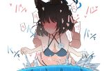  1boy 1girl animal_ears bent_over bikini black_hair black_halo blue_archive blue_bikini blue_halo blush breasts cat_ears cleavage clothed_sex halo heart hetero highres kikyou_(blue_archive) kikyou_(swimsuit)_(blue_archive) medium_breasts pyosunyi sex sex_from_behind short_hair solo_focus swimsuit water white_background 