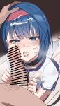  1boy 1girl absurdres bar_censor black_collar blue_eyes blue_hair bukkake censored clothed_female_nude_male collar commission cum cum_in_mouth cum_on_body cum_on_clothes cum_on_hair cum_on_tongue cumdrip ejaculation facial fellatio gym_shirt gym_storeroom gym_uniform hair_between_eyes hairband hand_on_another&#039;s_head hetero highres kiritani_haruka leash nemu_(jdgz3357) nude open_mouth oral penis pixiv_commission project_sekai shirt short_hair shorts simple_background socks white_shirt white_socks 