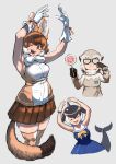 3girls animal_ears arms_up bare_shoulders black_hair blonde_hair blowhole blue_dress blue_hair blush bow bowtie brown_eyes brown_gloves brown_hair brown_shirt brown_skirt brown_thighhighs cetacean_tail closed_eyes common_dolphin_(kemono_friends) cowboy_shot dhole_(kemono_friends) dog_ears dog_girl dog_tail dolphin_girl dorsal_fin dress fins fish_tail fur_collar glasses gloves grey_background grey_hair grey_sweater hair_between_eyes hatch_(hatch_box) head_fins highres kemono_friends long_sleeves looking_at_viewer meerkat_(kemono_friends) meerkat_ears multicolored_hair multiple_girls one_eye_closed open_mouth pleated_skirt sailor_collar sailor_dress shirt short_hair sidelocks skirt sleeveless smile sweater tail thighhighs turtleneck turtleneck_sweater two-tone_hair two-tone_sweater two-tone_thighhighs white_bow white_bowtie white_fur white_gloves white_hair white_shirt white_thighhighs wristband yellow_bow yellow_bowtie zettai_ryouiki 