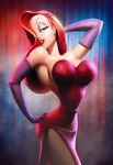  armpits bare_shoulders breasts cleavage dress earrings elbow_gloves eyeshadow gloves green_eyes hair_over_one_eye jessica_rabbit jewelry large_breasts lipstick long_hair makeup narrow_waist red_hair red_lipstick side_slit sideboob solo stanley_lau who_framed_roger_rabbit 