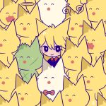  1girl ^_^ animal_ears antennae black_eyes black_necktie black_vest blonde_hair blush_stickers bow bowtie bright_pupils cat_girl closed_eyes closed_mouth creature funamusea ggneverover halo highres moge-ko mogeko_(species) mogeko_castle necktie open_mouth red_shirt scar shirt smile surrounded vest wavy_mouth white_pupils 