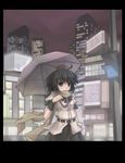  ahoge belt black_hair brown_eyes building city contemporary highres huanxiang_huifeng looking_at_viewer scarf shameimaru_aya skirt skyscraper solo touhou traffic_light umbrella wristband 