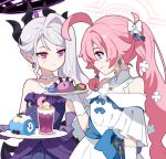  2girls black_halo blue_archive dress elbow_gloves gloves halo hina_(blue_archive) hina_(dress)_(blue_archive) hoshino_(blue_archive) ideolo long_hair multiple_girls off_shoulder pink_hair pink_halo purple_dress purple_eyes purple_gloves simple_background standing white_background white_hair 