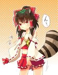  animal_ears brown_hair cosplay detached_sleeves futatsuiwa_mamizou hakurei_reimu hakurei_reimu_(cosplay) leaf leaf_on_head midriff raccoon_ears raccoon_tail red_eyes ribbon skirt skirt_lift skirt_set solo tail taker_(flamestorm) touhou transformation 