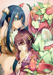  3girls alraune blue_eyes blue_hair body_piercing bracelet brown_eyes brown_hair bubuzuke cyclops earring earrings flower green_eyes hair_ornament highres horns japanese_clothes jewelry kimono lamia mole monster_girl multiple_girls necklace one-eyed piercing pink_hair plant_girl pointy_ears rice snake spoon vanadis vines 