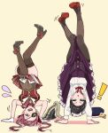  ! 2024 2girls absurdres black_hair blue_eyes bow bowtie breasts brown_thighhighs coat coat_lift dress eye_mask gloves gymnastics hair_ribbon half_eye_mask handstand hat heterochromia highres hololive houshou_marine jacket jewelry long_hair looking_at_viewer mask medium_breasts multiple_girls oozora_subaru open_mouth panyatteria purple_coat red_bow red_bowtie red_eyes red_hair ribbon short_hair simple_background skirt skirt_flip teeth thighhighs twintails upper_teeth_only upside-down virtual_youtuber white_gloves 
