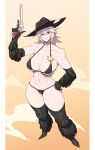  1girl abs absurdres arm_up bare_shoulders bikini black_bikini black_gloves black_hat black_shoes breasts cleavage commentary cowboy_hat cowgirl_(western) dalen_zeal english_commentary full_body gloves gun hand_on_own_hip hat highres holding holding_gun holding_weapon large_breasts looking_at_viewer medium_hair navel original red_eyes revolver sheriff_badge shoes smile solo standing swimsuit thick_eyebrows toned toned_female variant_set weapon white_hair zzzeal 
