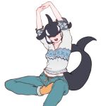  10tile 1girl absurdres aqua_pants arms_up black_hair blowhole cetacean_tail covered_eyes dolphin_girl dorsal_fin drawstring english_commentary facing_viewer fins fish_tail hair_over_eyes head_fins highres kemono_friends kemono_friends_3 long_bangs medium_hair midriff_peek multicolored_hair open_mouth orange_socks orca_(kemono_friends) orca_girl own_hands_together pants simple_background sitting smile socks solo stretching sweater sweatpants tail two-tone_hair v-neck variant_set white_hair 