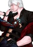  2boys belt black_belt black_gloves black_shirt blue_eyes closed_mouth collarbone collared_shirt commentary dante_(devil_may_cry) demon_boy devil_may_cry_(series) devil_may_cry_4 gloves hand_on_another&#039;s_thigh highres holding_hands male_focus matchi_(2646291181) multiple_boys nero_(devil_may_cry) open_collar parted_hair partial_transformation partially_fingerless_gloves pectoral_cleavage pectorals shirt simple_background symbol-only_commentary uncle_and_nephew white_background white_hair yaoi zipper 