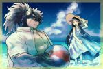  1boy 1girl animal_ears ball beach beachball black_hair blue_sky claws closed_eyes closed_mouth cloud cloudy_sky commentary dog_boy dog_ears dress furry furry_male fusehime_(housamo) fuyodo hand_on_headwear hat highres holding holding_ball holding_beachball long_hair looking_at_another ocean open_mouth ponytail scar scar_on_cheek scar_on_chest scar_on_face shino_(housamo) shirt sky smile sun_hat tokyo_afterschool_summoners unbuttoned unbuttoned_shirt watermark white_dress white_shirt 