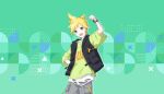  1boy :d alternate_costume aqua_eyes black_vest blonde_hair break_down_the_wall_(project_sekai) colorful_palette game_cg green_background green_shirt grey_shorts highres jewelry kagamine_len looking_at_viewer male_focus necklace official_art open_clothes open_vest project_sekai shirt shorts smile solo spiked_hair third-party_source tongue torn_clothes torn_shirt triangle vest vivid_bad_squad_len vocaloid white_shirt 