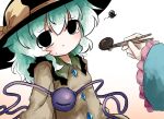  2girls :t black_eyes black_hat bow buttons chopsticks collared_shirt diamond_button eyeball fedora food frilled_shirt_collar frilled_sleeves frills gradient_background green_hair hat hat_bow heripantomorrow holding holding_chopsticks holding_food holding_mushroom komeiji_koishi komeiji_satori looking_at_viewer medium_hair multiple_girls mushroom shirt simple_background spoken_squiggle squiggle tears third_eye touhou upper_body white_background yellow_bow yellow_shirt 