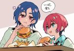  1boy 1girl :d amate_yuzuriha aqua_eyes aqua_shirt black_necktie blue_hair burger chewing collared_shirt commentary_request crescent crescent_earrings diagonal-striped_clothes diagonal-striped_necktie earrings eating food french_fries fuji_(f_ukkami) gundam gundam_gquuuuuux happy_aura highres holding holding_burger holding_food jewelry looking_at_another multicolored_eyes multicolored_hair necktie red_eyes red_hair red_necktie school_uniform shirt short_hair shuji_ito smile speech_bubble striped_clothes translation_request two-tone_eyes two-tone_hair wavy_hair white_shirt 