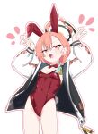  1girl 686panda absurdres ahoge animal_ear_hairband animal_ears asymmetrical_hair blue_archive bow bowtie braid detached_collar fake_animal_ears fang hairband highres huge_ahoge jacket leotard mole mole_under_each_eye mole_under_eye multiple_moles neru_(blue_archive) neru_(bunny)_(blue_archive) open_mouth orange_eyes orange_hair oversized_breast_cup playboy_bunny print_jacket rabbit_ears rabbit_pose rabbit_tail red_bow red_bowtie red_leotard single_braid skin_fang solo strapless strapless_leotard sukajan tag tail traditional_bowtie 