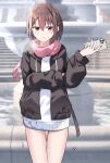  1girl absurdres black_jacket blue_ribbon blurry blurry_background blush braid breath brown_hair cac_itinose cellphone commentary_request day depth_of_field drawstring fountain fringe_trim hair_between_eyes hair_ribbon hand_up highres holding holding_phone hood hood_down hooded_jacket jacket long_sleeves looking_at_viewer motion_lines nail_polish original outdoors parted_lips phone pink_scarf puffy_long_sleeves puffy_sleeves red_eyes red_nails ribbon scarf shirt small_sweatdrop solo stairs stone_stairs sweat white_shirt 