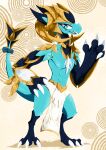2025 3_toes 4_fingers absurd_res accessory anthro athletic athletic_male black_body black_scales blue_body blue_eyes blue_scales bottomwear bow_ribbon cel_shading claws clothed clothing cute_fangs dragon eyelashes eyeliner fan_character fangs feet fingers fur furgonomics gem generation_7_pokemon gloves_(marking) gold_(metal) gold_jewelry hakamo-o hand_on_hip hi_res horn jewelry leg_markings lineless loincloth loincloth_only looking_at_viewer makeup male markings mythological_creature mythological_scalie mythology nintendo pokemon pokemon_(species) raised_arm reptile ribbons scales scalie shaded shadowsoulful socks_(marking) solo tail tail_accessory tail_bow tail_ribbon teeth toe_claws toes topless tuft white_body white_clothing white_fur