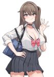  1girl alternate_costume aningay bag black_bra black_choker black_eyes black_skirt blue_bag blush bow bra bra_peek breasts brown_hair choker cleavage closed_mouth collared_shirt commentary dress_shirt girls'_frontline girls'_frontline_2:_exilium hair_ornament hairclip hand_on_own_hip highres k2_(girls'_frontline) large_breasts long_hair looking_at_viewer one_side_up pink_bow pleated_skirt school_bag shirt simple_background skirt solo underwear white_background white_shirt yellow_pupils yoohee_(girls'_frontline_2) 