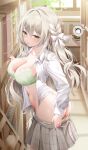  1girl ? absurdres ass blue_archive blush book bookshelf bow bowtie bra braid breasts cleavage clothes_pull collarbone commentary_request day doodle_sensei_(blue_archive) from_side furrowed_brow green_bra green_halo green_panties grey_hair grey_skirt hair_between_eyes hair_bow hair_intakes hair_ribbon halo highres indoors lace-trimmed_bra lace_trim large_breasts library long_hair long_sleeves looking_at_viewer miyo_(blue_archive) nail_polish navel open_clothes open_mouth open_shirt panties panty_pull pink_nails plaid_clothes plaid_skirt pleated_skirt proverbs_zhenyan ribbon ribbon_braid sensei_(blue_archive) shirt sidelocks skirt skirt_pull solo spoken_character standing stomach table unbuttoned unbuttoned_shirt underwear unworn_bowtie very_long_hair white_bow white_shirt window yellow_eyes 