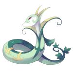  1other commentary facing_to_the_side green_trim leaf looking_at_viewer pokemon pokemon_(creature) pokemon_focus red_eyes serperior slit_pupils snake snake_tail solo tail turning_head white_background yellow_trim zoiyon 