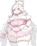  &gt;:( 1girl absurdres alternate_body_size bare_shoulders blue_archive blush breasts cleavage clenched_hand closed_mouth cowboy_shot crescent crescent_hair_ornament detached_sleeves double_chin dress fat frilled_thighhighs frills hair_ornament halo head_wings highres holding holding_staff large_breasts long_hair looking_at_viewer mage_staff magical_girl obese official_alternate_costume pink_dress red_eyes simple_background single_head_wing solo staff suzumi_(blue_archive) suzumi_(magical)_(blue_archive) sweatdrop thick_thighs thighhighs thighs v-shaped_eyebrows very_long_hair wawawaltz weight_gain white_background white_hair white_thighhighs wing_ornament wings 