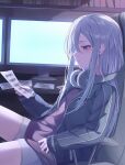  1girl absurdres arm_rest arm_up blue_jacket book bookshelf chair closed_mouth english_commentary from_side grey_hair hair_between_eyes headphones headphones_around_neck highres indoors jacket long_hair long_sleeves monitor open_clothes open_jacket paper project_sekai purple_shirt reading sheet_music shirt shorts sitting sleeves_past_wrists solo umeo_(pixiv51103813) white_shorts yoisaki_kanade 