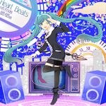 absurdres aqua_eyes aqua_hair hatsune_miku headphones heart_beats_(vocaloid) highres komine long_hair one_eye_closed open_mouth shoes smile solo speaker television thighhighs twintails very_long_hair vocaloid 