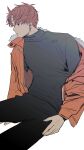  1boy black_pants black_shirt closed_mouth commentary_request dandadan earrings enjoji_jin fur-trimmed_jacket fur_trim highres invisible_chair jacket jewelry male_focus orange_jacket otamanojakusi pants piercing red_hair shirt short_hair simple_background sitting solo turtleneck white_background white_fur 