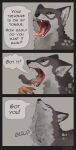 absurd_res ambiguous_feral ambiguous_gender bodily_fluids canid canine claws comic dialogue digital_drawing_(artwork) digital_media_(artwork) drooling duo eeeevio enfield english_text feral fur gold_(metal) gold_jewelry gold_ring hi_res hybrid imminent_vore jewelry male male_(lore) mammal markings mouth_shot mythological_creature mythology object_in_mouth ody_(eeeevio) open_mouth oral_vore paws portrait predator/prey rauron ring ring_(jewelry) rodent saliva saliva_on_tongue saliva_string sciurid scutes shaded simple_background size_difference size_play soft_vore solo speech_bubble swallowing tail teeth text throat tongue tongue_out tree_squirrel vore whisker_spots whiskers