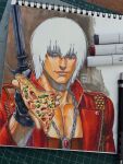  1boy 2025 art_tools_in_frame black_gloves blue_eyes closed_mouth coat collarbone commentary dante_(devil_may_cry) devil_may_cry_(series) devil_may_cry_3 fingerless_gloves food gloves hair_between_eyes high_collar highres holding holding_food holding_pizza jewelry looking_at_viewer male_focus marker marker_(medium) maya_panda muscular muscular_male necklace open_clothes open_coat pectorals photo_(medium) pizza pizza_slice red_coat signature smile solo sword sword_on_back symbol-only_commentary traditional_media upper_body weapon weapon_on_back white_hair zipper 
