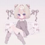  1girl :o alternate_costume alternate_hairstyle black_ribbon blush bob_cut bow_legwear brown_skirt brown_socks brown_sweater colored_inner_hair convenient_leg cushion double_bun full_body grey_background grey_hair grid_background hair_bun hair_ornament hair_ribbon hairclip hashtag-only_commentary highres knees_together_feet_apart knees_up kuma_kubo3 long_sleeves looking_at_viewer loose_socks makaino_ririmu medium_hair miniskirt multicolored_hair nijisanji on_floor parted_lips pink_hair pink_streaks plaid_clothes plaid_skirt pointy_ears red_eyes ribbon round_collar side_up_bun sidelocks sitting skirt sleeves_past_wrists socks solo streaked_hair sweater two-tone_hair virtual_youtuber 