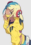  1girl aqua_hair aqua_pants bandeau black_hair black_mask black_pants blonde_hair blue_eyes blue_pants breasts canari_(pokemon) criss-cross_straps dark-skinned_female dark_skin fua1heyvot4ifsr grey_background highres jacket long_sleeves looking_at_viewer mask mask_pull medium_breasts mega_stone mouth_mask multicolored_hair one_eye_closed pants pokemon pokemon_legends:_z-a short_twintails simple_background solo split-color_hair sports_bra twintails two-tone_hair two-tone_mask two-tone_pants yellow_bandeau yellow_jacket yellow_mask yellow_sports_bra 