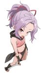  1girl bare_shoulders black_sclera colored_sclera commentary_request from_above full_body highres kunoichi_tsubaki_no_mune_no_uchi looking_at_viewer midriff navel ninja ponytail purple_hair red_eyes ringed_eyes riokasen sazanka_(kunoichi_tsubaki_no_mune_no_uchi) simple_background solo stirrup_footwear tongue tongue_out white_background 