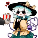 1girl 1other black_eyes black_hat black_suit blouse bucket bucket_of_chicken chicken_(food) eyeball fast_food food fried_chicken frilled_shirt_collar frilled_sleeves frills green_hair green_skirt hat hat_ribbon heart heart_of_string heripantomorrow holding holding_bucket komeiji_koishi ribbon shirt skirt smile suit third_eye touhou yellow_ribbon yellow_shirt 