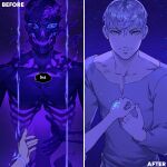  1boy before_and_after blue_pupils choppy_bangs closed_mouth collarbone commentary english_commentary english_text grey_eyes grey_hair grey_shirt hair_between_eyes long_sleeves looking_at_viewer lydialing_draws male_focus pov pov_hands shirt short_hair skeleton smile star_(sky) the_ink_apprentice third-party_source transformation 