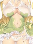  1girl blonde_hair breasts cleavage cleavage_cutout clothes_lift clothing_cutout commentary_request covered_nipples cowboy_shot dress elbow_gloves from_above gloves green_dress hands_up head_out_of_frame highres huge_breasts isekai_maou_to_shoukan_shoujo_no_dorei_majutsu long_hair lying navel navel_cutout official_art on_back on_bed panties see-through_clothes see-through_dress shera_l._greenwood side-tie_panties skirt skirt_lift solo tsurusaki_takahiro underwear very_long_hair white_gloves white_panties 