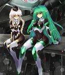  armlet bodysuit braid covered_navel glasses gond green_eyes green_hair hat highres long_hair multiple_girls original pilot_suit pointy_ears silver_hair sitting yellow_eyes 