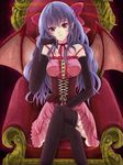  alternate_hairstyle bad_anatomy bare_shoulders bat_wings black_legwear bow breasts chair corset crossed_arms dress elbow_gloves from_above garter_straps gloves hair_bow kuko_(endless-repeat) large_breasts lavender_hair long_hair no_hat no_headwear older red_eyes remilia_scarlet sitting solo strap_slip thighhighs touhou very_long_hair wings 